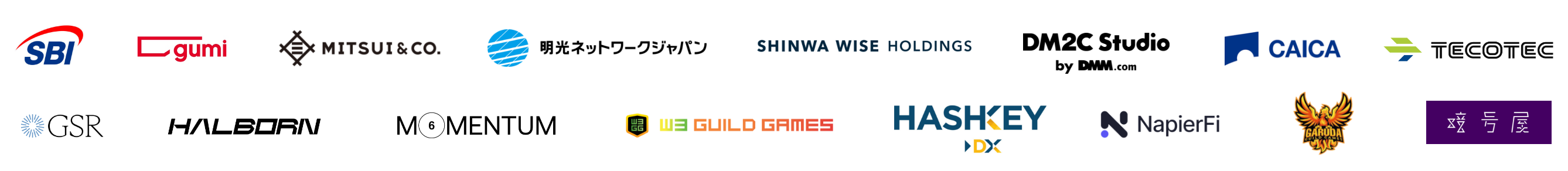 SBI/gumi/MITSUI&CO/SHINWA WISE HOLDINGS/DM2C Studio/CAICA/TECOTEC/GSR/HALBORN/MOMENTUM/W3 GUILD GAMES/HASHKEY/NapierFi/GARUDA GUILD GAMES